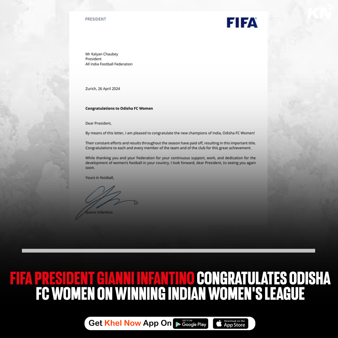 FIFA President Gianni Infantino with some positive words for Odisha FC Women team after their Indian Women's League triumph 🗣🔥

#IndianFootball #IWL #OdishaFC #FIFA #Infantino #OFCW