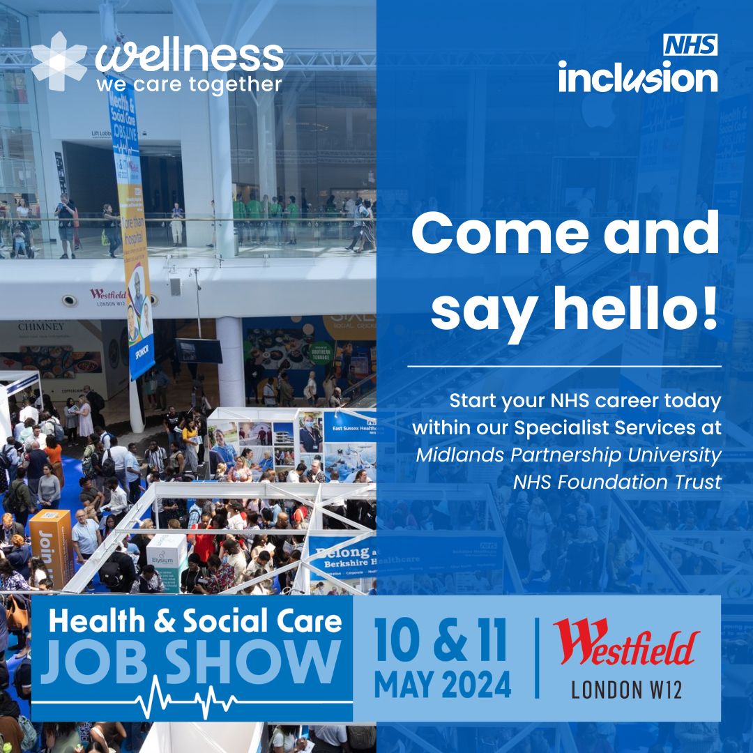 We'll be at the #HSCjobshow on the 10-11th May - the busiest recruitment event in the UK for the Healthcare sector!  It's free to attend and we have plenty of amazing opportunities for you within our @MpftSpecialist teams (@WellnessMPFT  & @Inclusion_NHS)
#Jobs #jobsearch #mpft