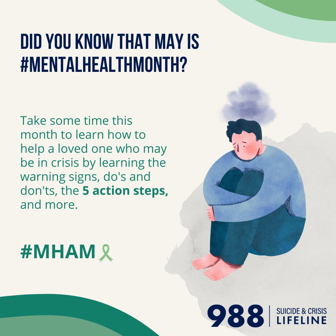 Did you know that May is #MentalHealthMonth? Take some time this month to learn how to help a loved one who may be in crisis by learning the warning signs, do's and don'ts, the 5 action steps, and more: bit.ly/4df1UXk #MHAM #MHM