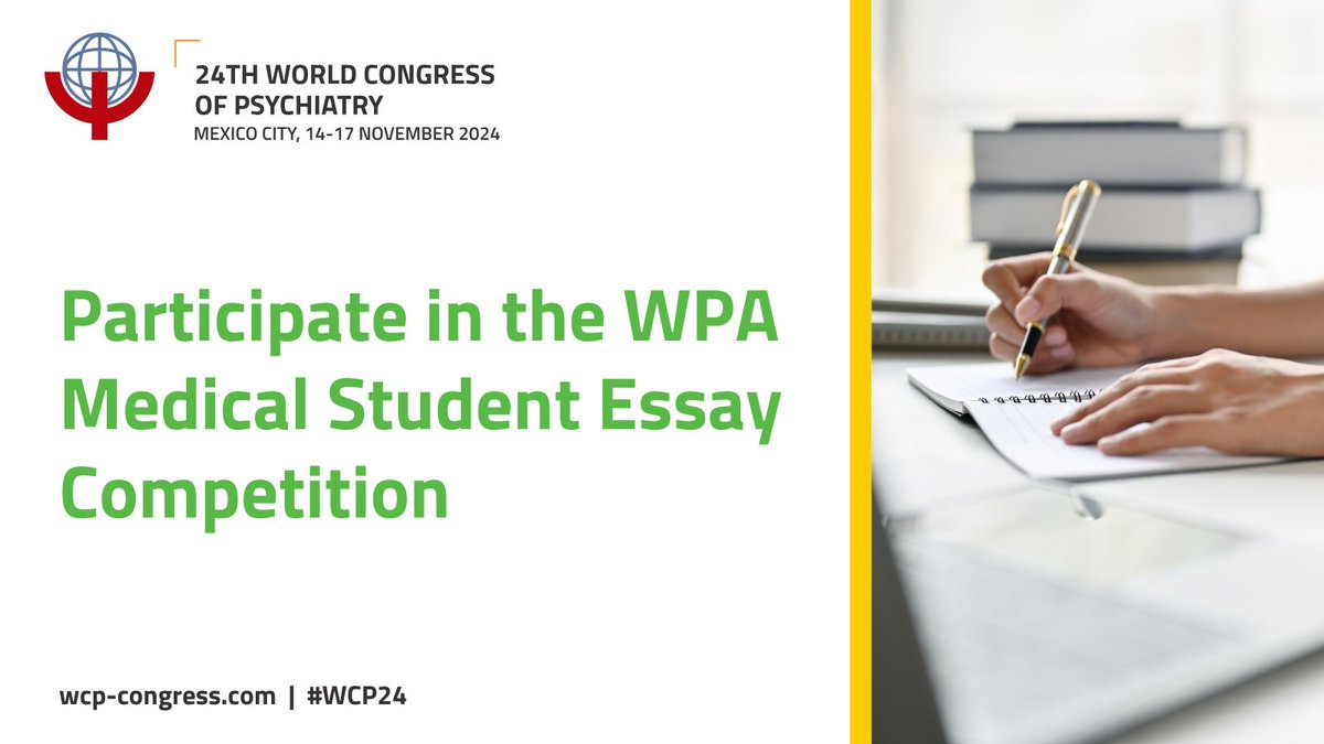 Exciting news from WPA – the 2024 Medical Student Essay Competition is open! 🌎 This year's theme is 'Improving Mental Health in the Global World Using the United Nations 17 Sustainable Development Goals (#SDGs).' 📅 Submit online before 15 May: bit.ly/3xQFewA #WCP24