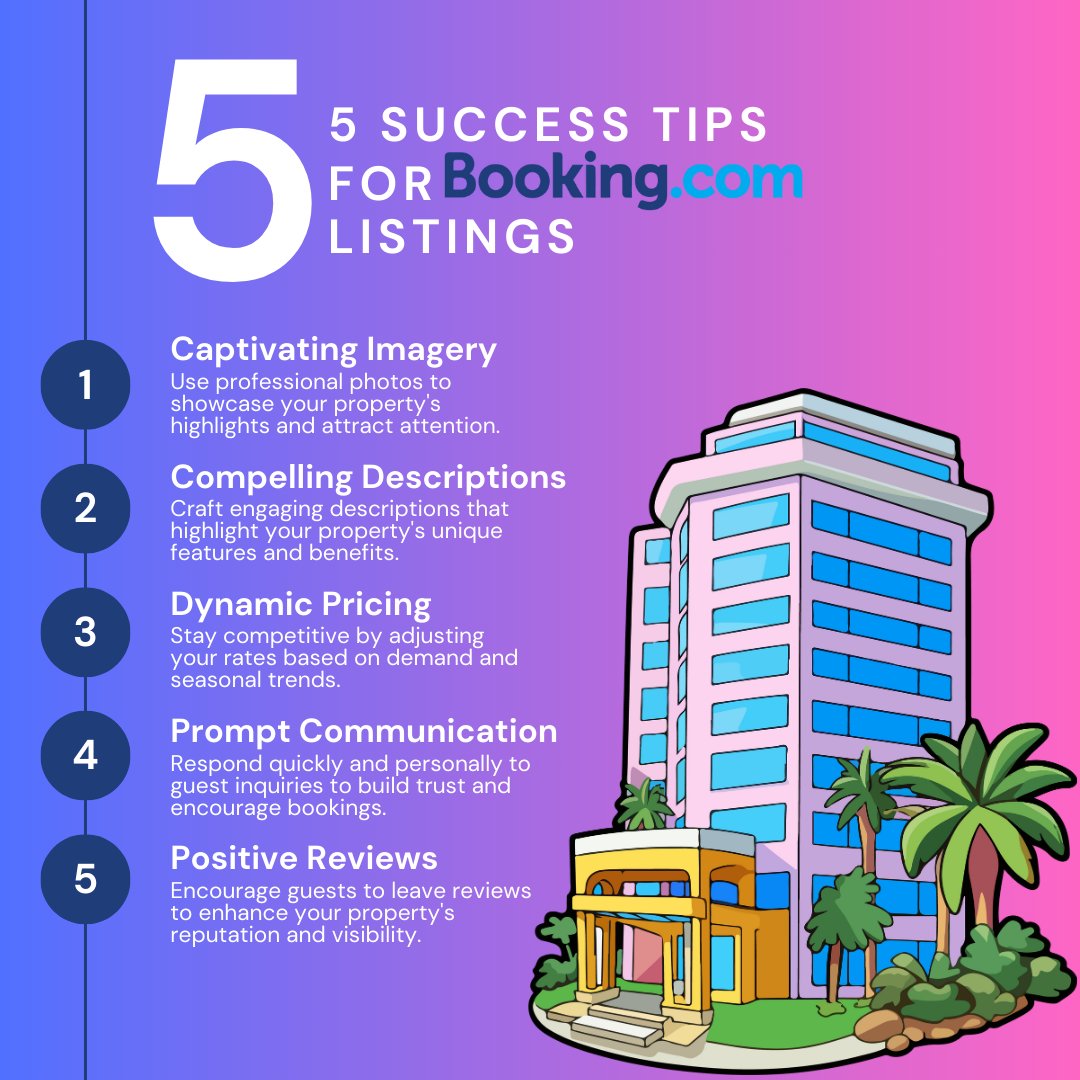 Ready to boost your property on Booking.com? Unlock your property's potential and start your hosting journey today with these 5 steps! 🏠💼 #ShortTermRentals