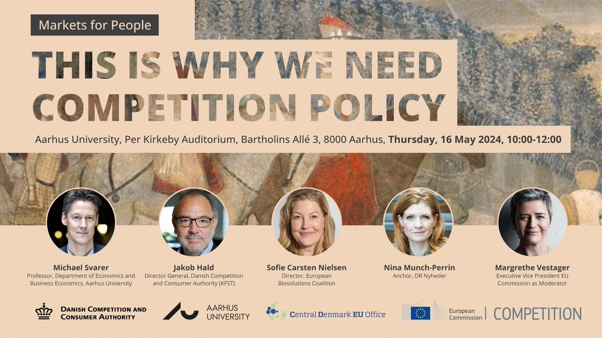 ⌛️Soon it will be time for #MarketsForPeople in👇 

🇩🇰 Aarhus 
📅 16 May 

With 🇪🇺 EVP Margrethe #Vestager as moderator 🗣

Speakers⬇️
🎙 Svarer
🎙 Hald
🎙 Carsten Nielsen
🎙 Munch-Perrin

Register now to join us in person or follow the live streaming👇
europa.eu/!byc9Qm