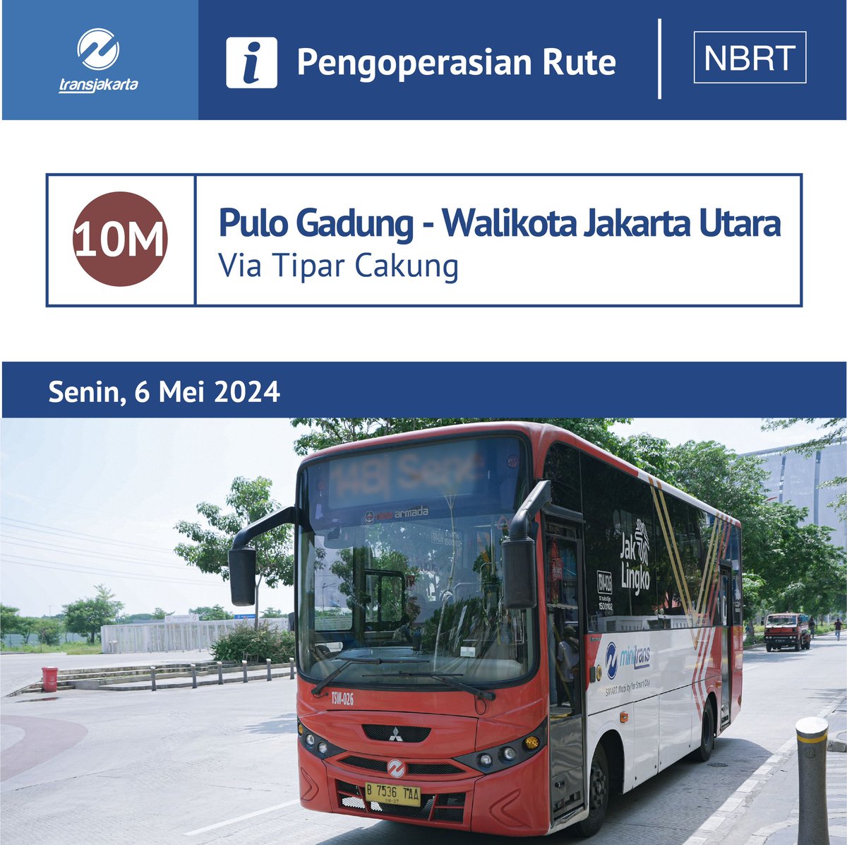 Kabar gembira, Sahabat TiJe!
Mulai Senin, 6 Mei 2024, rute 10M: Pulo Gadung - Walikota Jakarta Utara via Tipar Cakung kembali beroperasi melayani pelanggan.