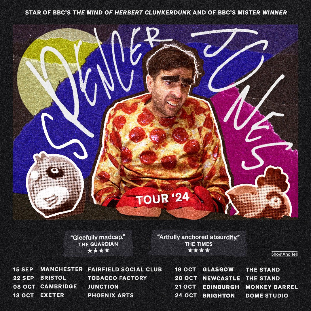 SPENCER JONES @spendals is heading out on a UK tour this Autumn with his irresistibly madcap show 🎉 From the star of BBC’s The Mind of Herbert Clunkerdunk and Mister Winner, expect some prop-based tomfoolery, visual gags and a very angry cockerel 🐓 🎟️ showandtellpresents.com/events/spencer…