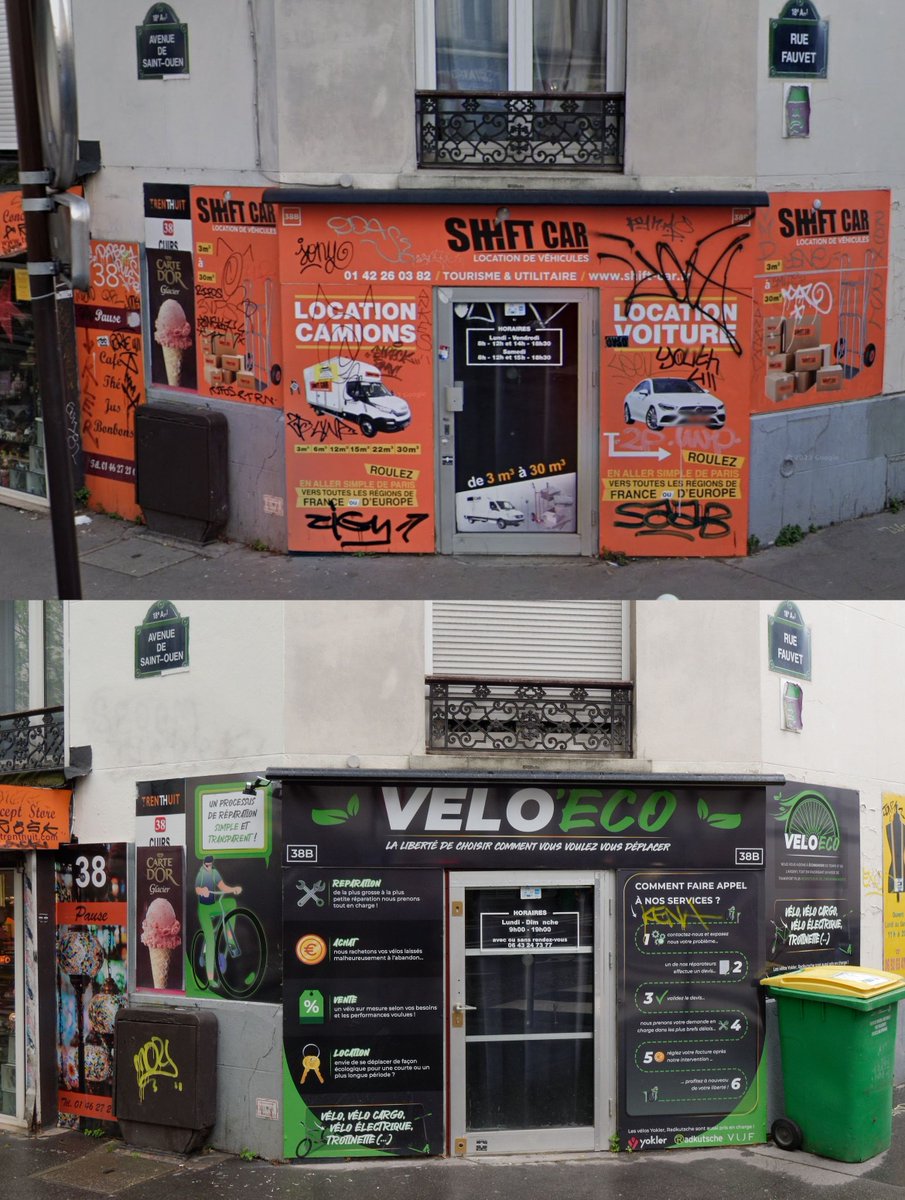 EmmanuelSPV's tweet photo. Toute nouvelle boutique vélo dans le 18ème à la place d'une boutique auto. Sous l'égide du même gérant a priori vu l'habillage ;) https://t.co/COv0bEIkl5