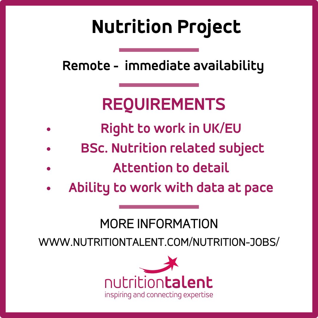 Our key client seeks a recent graduate or freelancer for immediate start on a short-term data-driven project.  Find out more and apply at nutritiontalent.com/vacancies/nutr…
#nutritiontalent #nutritionconsultancy #nutritionjobs