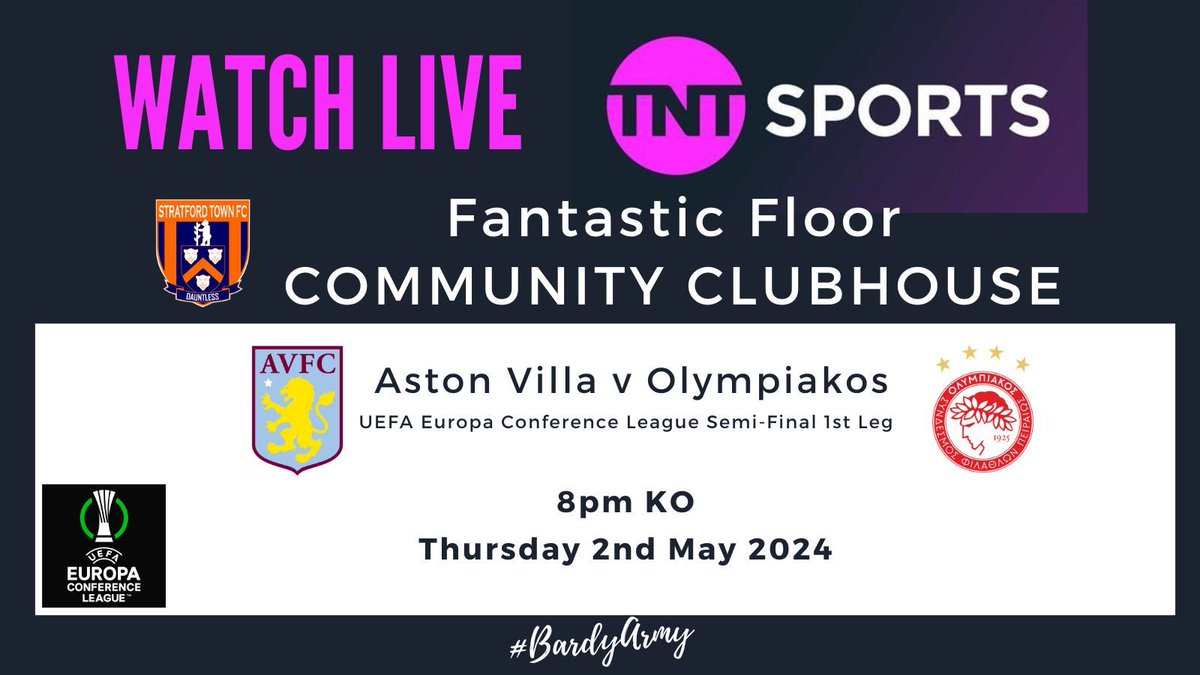 The UEFA Europa Conference League Semi-Final 1st Leg takes place with the only remaining English side left in Europe Aston Villa live on TNT in the Fantastic Floor Community Clubhouse. #EuropaLeague
