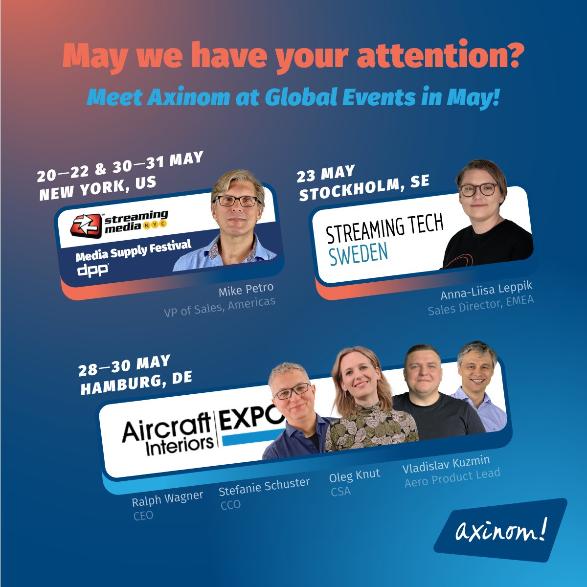 This May, we are thrilled to be present at four major industry events across media, entertainment, and aerospace!
📅Mark your calendars and meet us at the following events. Book your meetings: calendly.com/axinom-events
#aix #DPP #streamingmedia #streamingtech