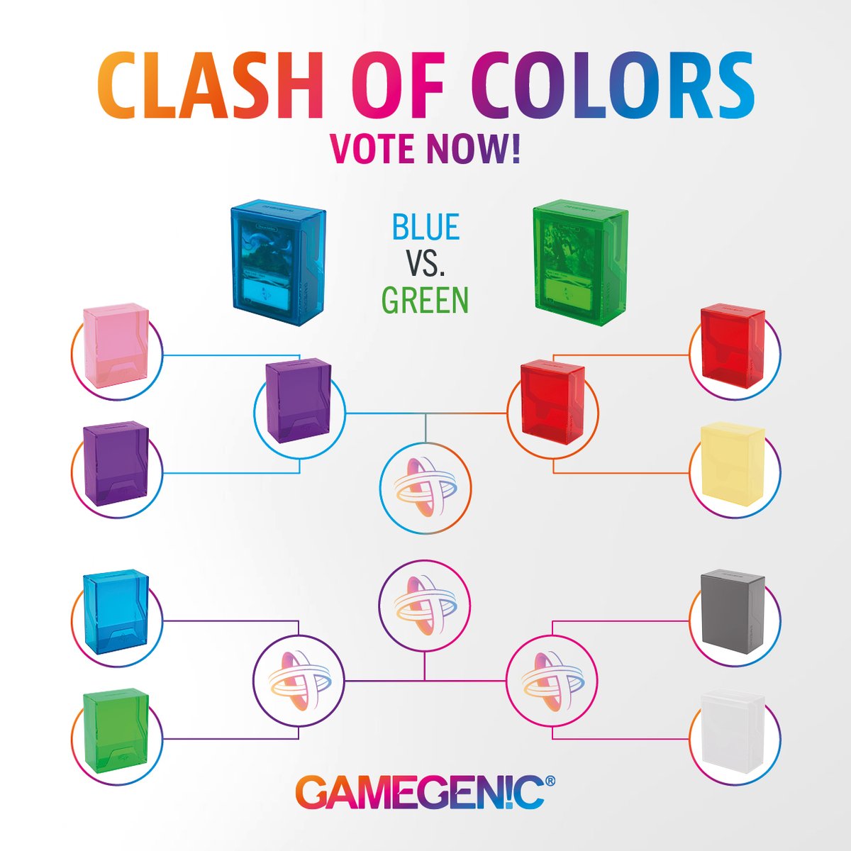 CLASH OF COLORS! The previous round's winner is.... RED! Now entering round 3! What is your favorite color of our BASTION 50+? Vote now: 🟦vs.🟩 Leave a comment with either „blue“ or „green“. The result will be revealed in the next round's post. #gamegenic #bastion #deckbox #vote