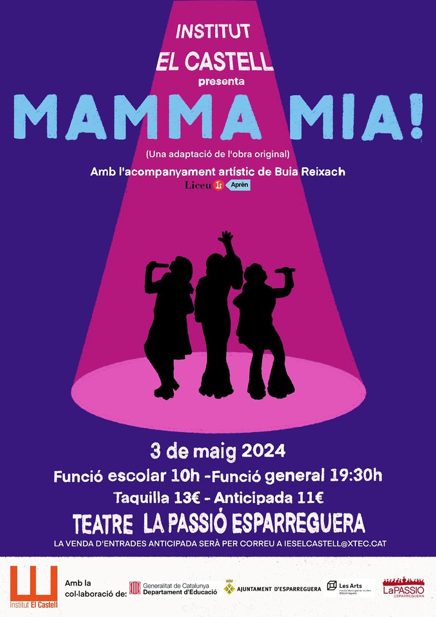 ▶️ CULTURA | L’@Inselcastell d'#Esparreguera proposa demà a @Teatre_LaPassio el seu projecte de musical anual, enguany basat en la pel·lícula “Mamma Mia!”

👉 Hi haurà un passi al matí exclusiu per a les escoles i a les 19.30h per al públic en general

📻 tuit.cat/v7c76