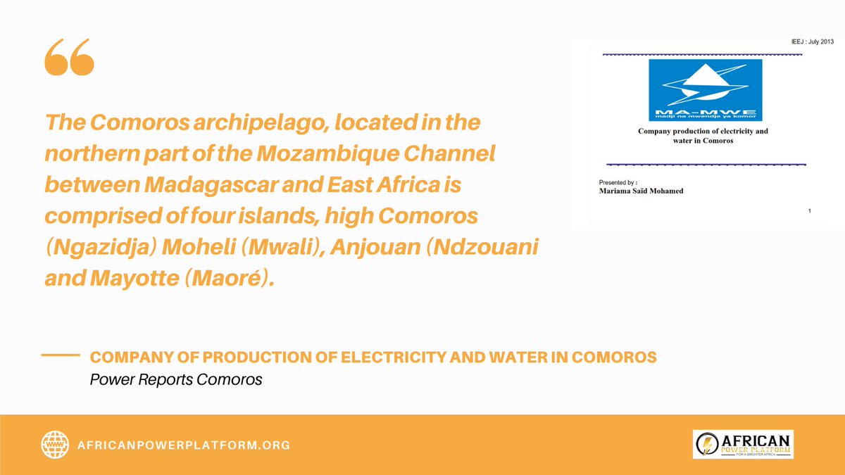 africanpowerplatform.org/resources/repo…

Power Reports Comoros

Company of Production of Electricity and Water in Comoros

#africanpowerplatform #energy #cleanenergy #Africa #renewables #electricity #electrification #minigrids #microgrids #offgrid #solar #wind #biomass

africanpowerplatform.org/resources/repo…