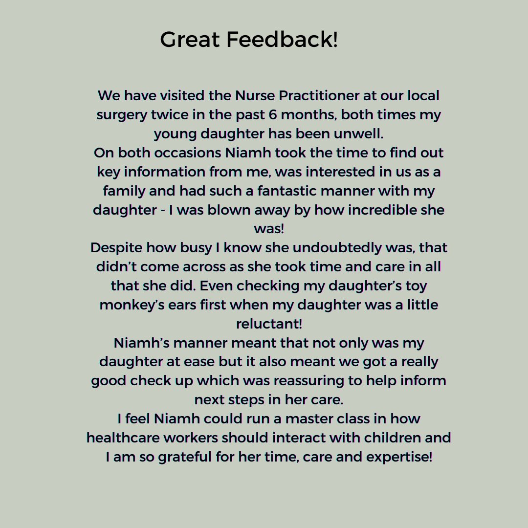 On #PatientExperienceWeek we are proud to share this amazing feedback given for Advanced Nurse Practitioner Niamh working across @DownGp Well Done!👏 #PEW2024 #TeamGP #Nursing