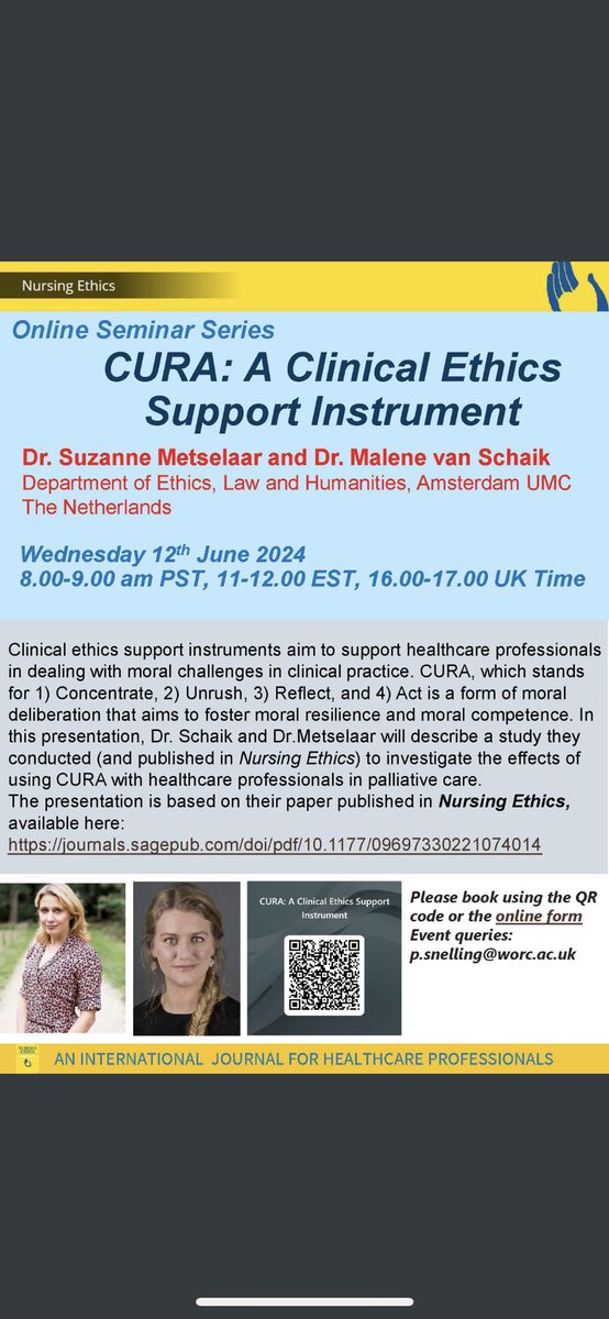 Next online Nursing Ethics seminar 12th June. Suzanne Metselaar and Malene van Schaik. 1600 UK time

Link to their paper here: lnkd.in/d4N3V8h9 

Book via this link lnkd.in/dWw65u76