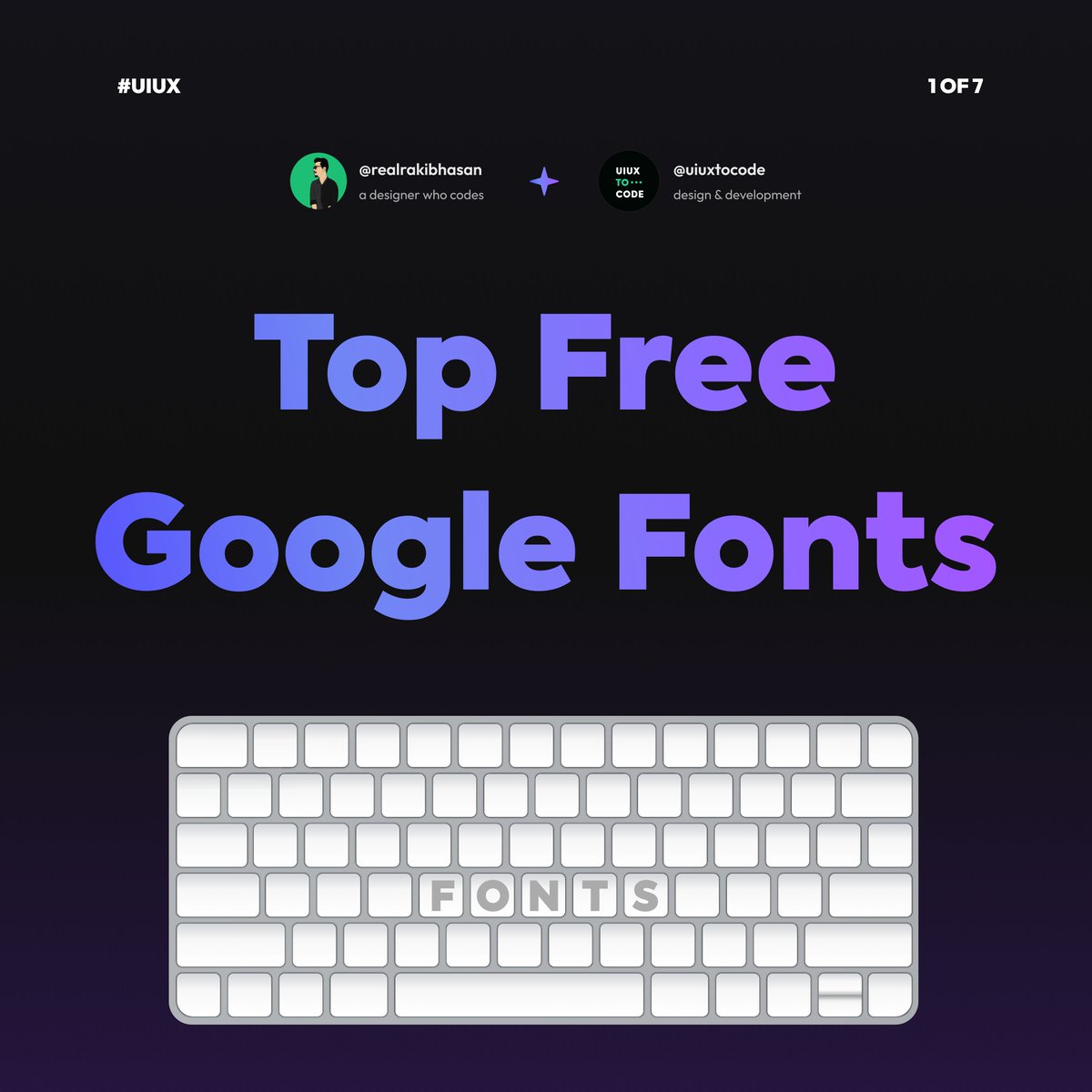 Top free google fonts to use in your next design project.

Say Hello 👋 
zaap.bio/uiuxtocode

Stay tuned for daily design-related resources 🤝

#ui #ux #uxdesign #uidesign #learnui #learnux  #font #realrakibhasan #uiuxtocode