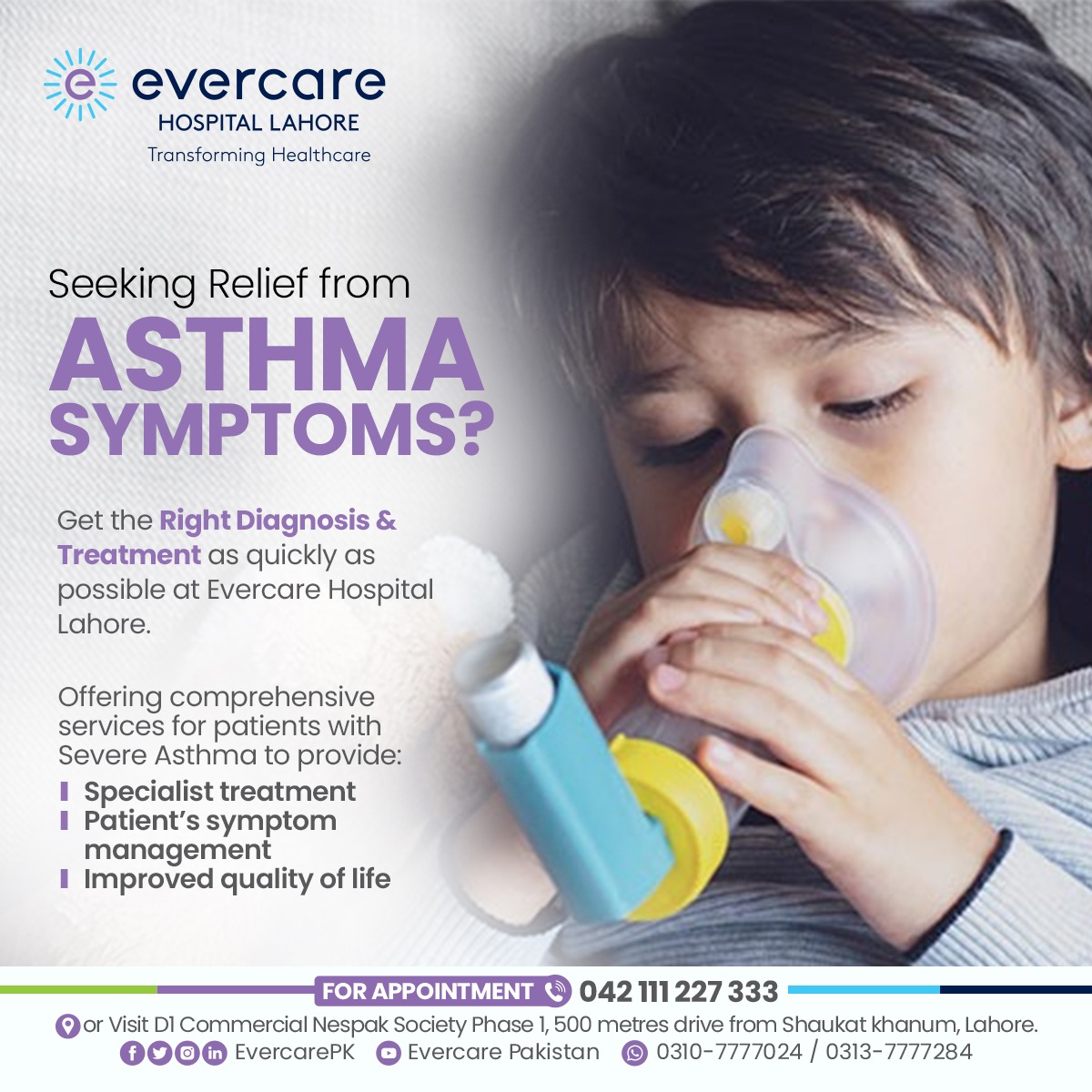 EvercarePK's tweet photo. Are You Struggling with Asthma Symptoms? 

Get expert diagnosis and quality treatment at Evercare Hospital Lahore. Our comprehensive services ensure you get back on track to wellness quickly.

BOOK YOUR APPOINTMENT NOW!

#EvercareHospitalLahore #QualityCare #AsthmaCare https://t.co/1SZe4vSyK8