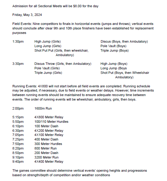 IMPORTANT UPDATE
Due to the weather that is expected to hit Saturday, the sectional meet has been moved up one day and now will be this Friday, May 3, 2024 at 1:00PM. Tickets are GOFAN ONLY! Purchase your tickets at the link below gofan.co/event/1474582?…