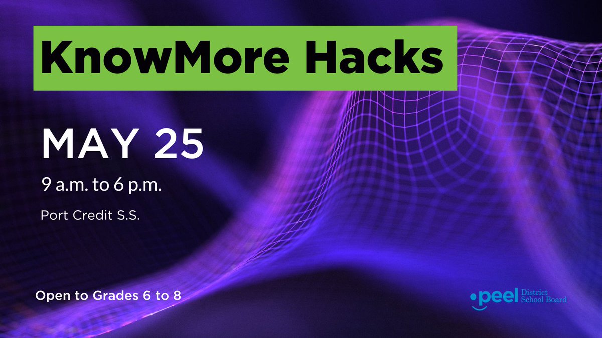 Students in Grades 6 to 8, register by May 10 for the KnowMore Hacks event on May 25 from 9 a.m. to 6 p.m. at Port Credit S.S. Learn to build AI, websites, video games and more!
 
Learn more by visiting pdsb.me/KnowMoreHacks