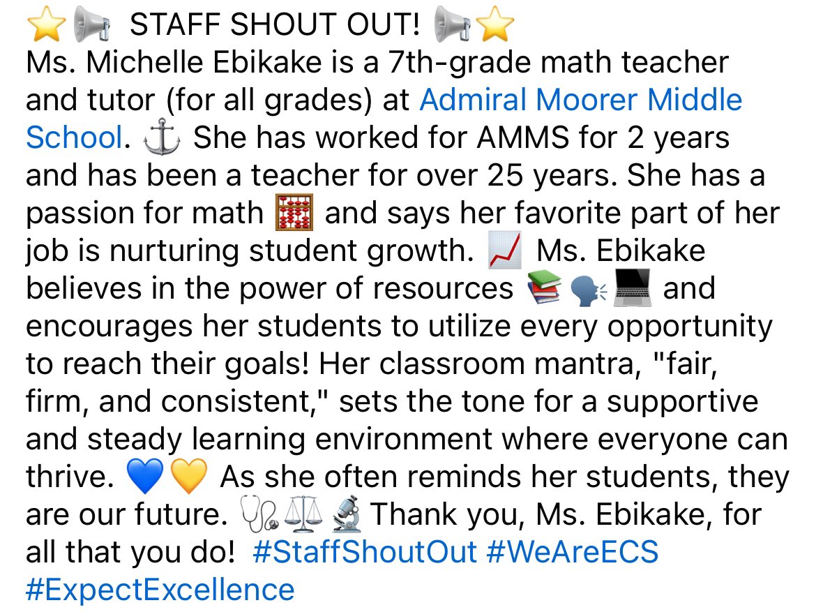 ⭐️📢  STAFF SHOUT OUT! 📢⭐️
Thank you, Ms. Ebikake, for all that you do!  #StaffShoutOut #WeAreECS #ExpectExcellence
