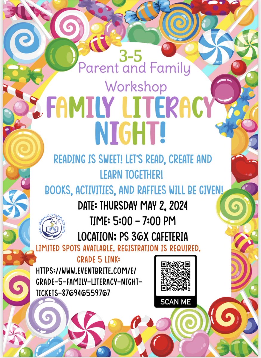 Dear PS 36 families, you still have time to register for tonight’s Family Literacy Night!!We will have pizza for everyone, fun games, free books and raffles with amazing prizes!!! Call us if you need assistance registering. We hope to see you there!!