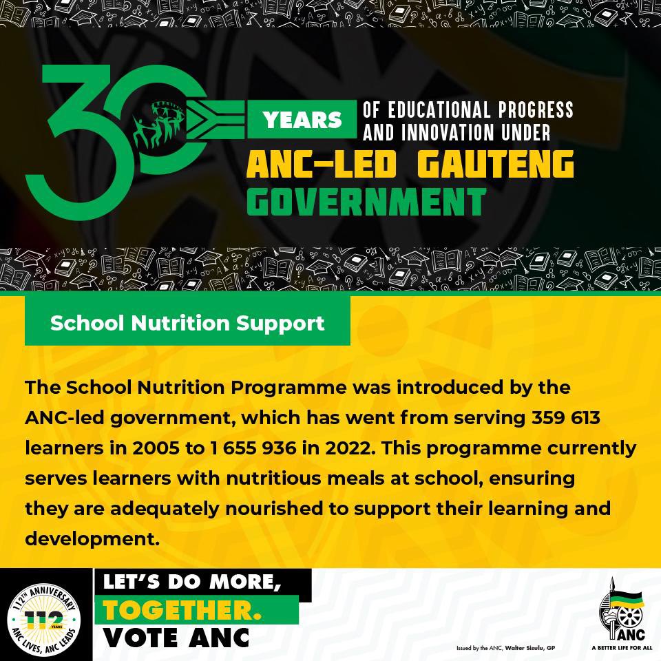 𝗦𝗖𝗛𝗢𝗢𝗟 𝗡𝗨𝗧𝗥𝗜𝗧𝗜𝗢𝗡 𝗦𝗨𝗣𝗣𝗢𝗥𝗧 From serving 359 613 to 1 655 936 learners, the School Nutrition Programme ensures students are well-nourished to support their learning and development. #LetsDoMoreTogether #VoteANC