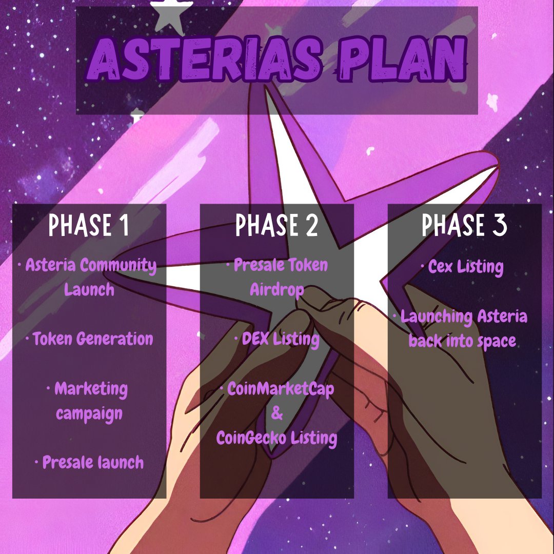 Asterias Plan:
Our goal is not to release a token that creates hype and then collapses in price after weeks. Rather, we want to publish a token that rewards our community and becomes a successful token in the long term. This is just our beginning. Let's take Asteria to space❤️🚀