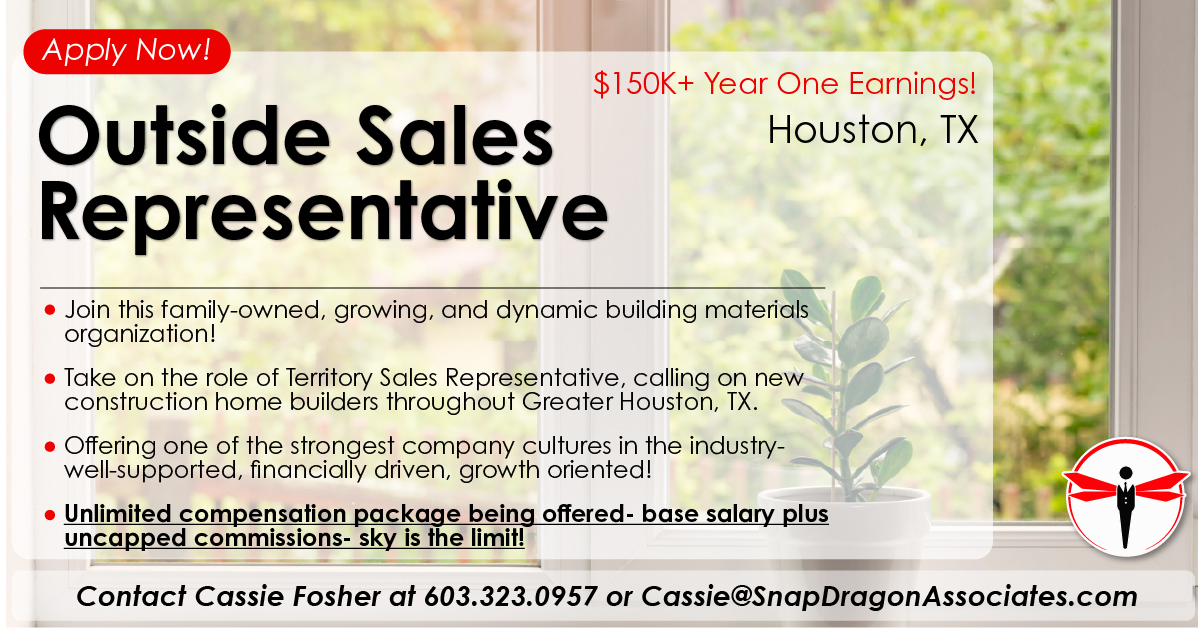 🚨 New Outside Sales role in the Houston, TX market!
 
Apply here linkedin.com/jobs/view/3914… or reach out to Cassie Fosher today!

#SnapDragonJobs #buildingmaterials #hiring #werehiring #outsidesalesjobs #TXjobs #HoustonTX #outsidesales