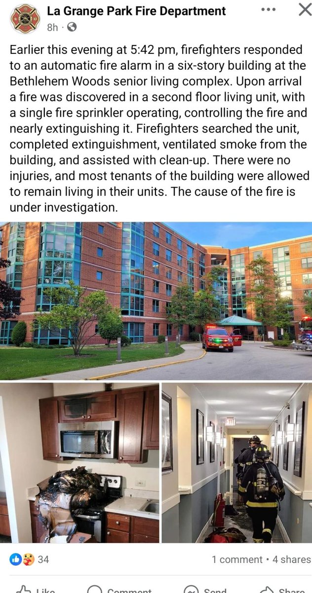 Single #FireSprinkler Save at 6-story senior living bldg. Not reported by media, but reported on the #LagrangeParkILFD Facebook page! #fastestwater+#firefighters=unbeatable team! Great save! All safe! facebook.com/lagrangeparkfi…