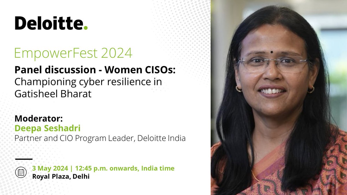Get ready for an insightful panel discussion moderated by Deepa Seshadri, Partner and CIO Program Leader, Deloitte India, at the “#EmpowerFest 2024” organised by Tech Observer Magazine with Deloitte as the knowledge partner.  
Click here: deloi.tt/4beYNxr 
#WomenLeaders
