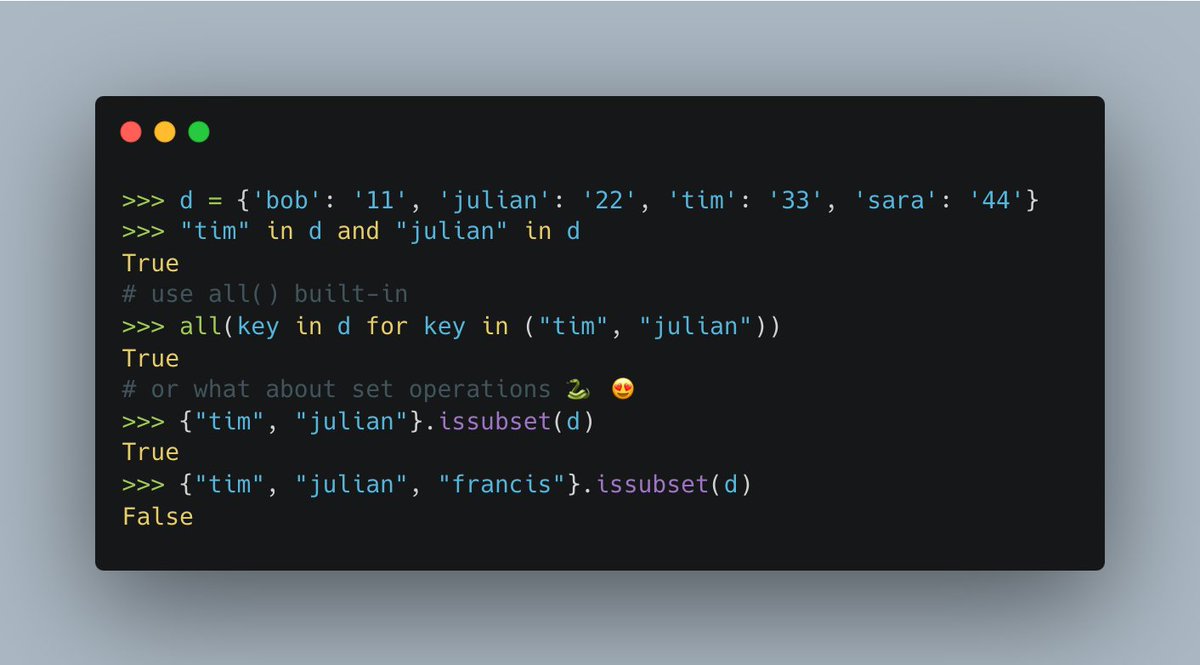 Set operations in #Python work on dictionaries as well, because they implicitly operate on the keys, not the values. Ideal for quick key comparisons 🚀 Here is a quick example: