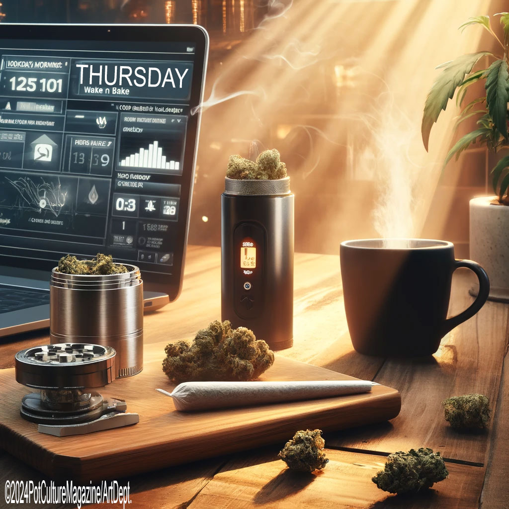 #WakeNBake 🌞🌿 Powering through Thursday with precision and passion. Fired up by a favorite strain, ready to tackle the challenges head-on. Today's agenda: innovate, elevate, dominate. Who's making moves with me today? #ThrivingThursday #PotCultureMagazine#StonerFam #Cannabis