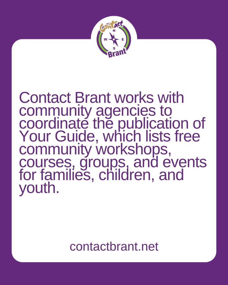 #ContactBrant's Your Guide lists free community workshops, courses, groups, and events for families, children, and youth.

Visit our #Brant guide here: bit.ly/49F37oL

#brantcounty #brantford