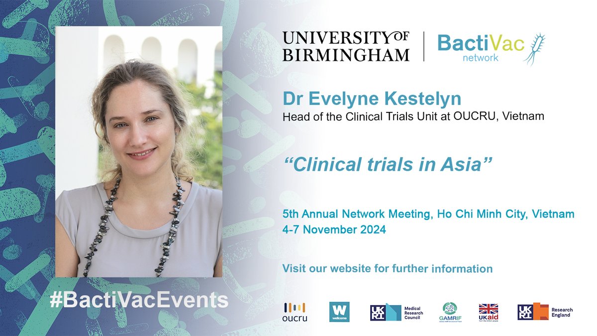 Excited to announce Dr Evelyne Kestelyn,
@OUCRU_CTU, will be speaking at the
@BactiVac 5th Annual Network Meeting.
Ho Chi Minh City, #Vietnam

Early-bird registration rate available until 9 June 2024.
Registration to attend event: bit.ly/43jLPLE

#BactiVacEvents