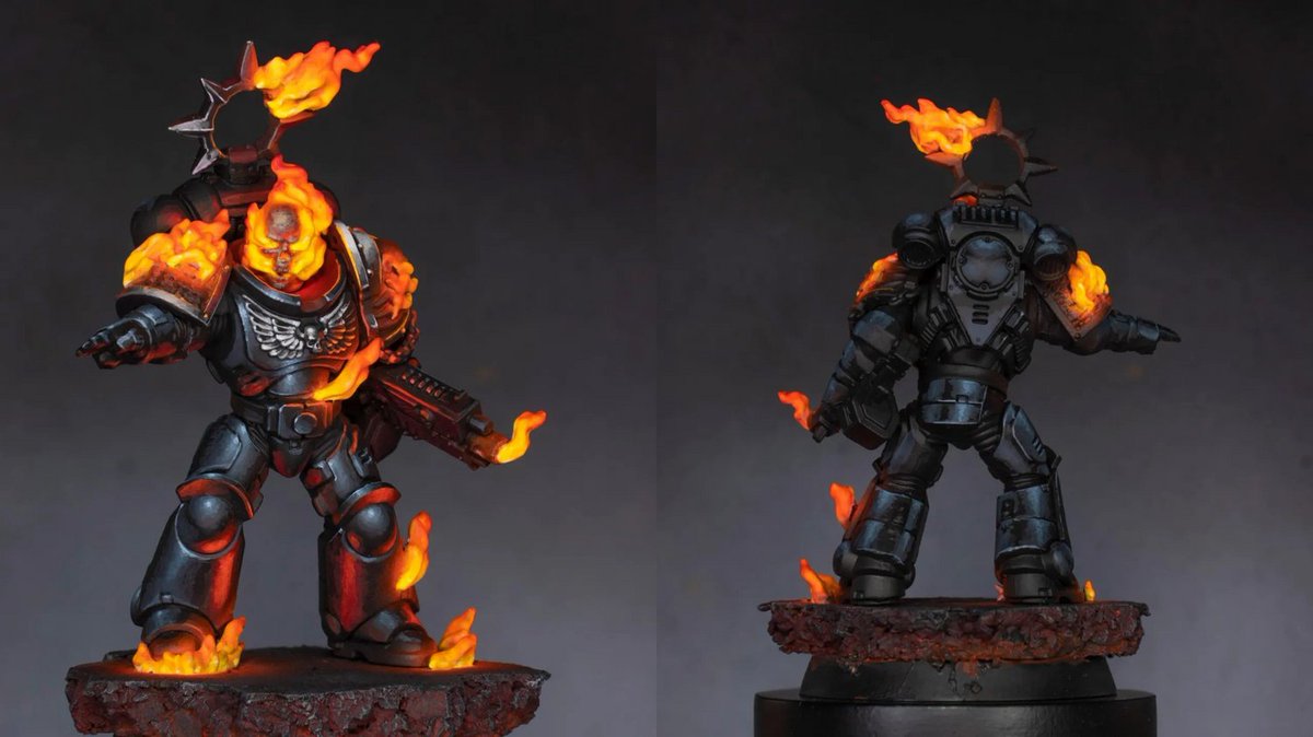 🔥 Marvel @theminiaturista's fiery Space Marine! The lifelike OSL seems to make the flames jump off the model. Smooth NMM contrasts vividly with the fire. 

Check out more of his stunning works!

#MiniatureArt #SpaceMarine #40k #Warhammer40k