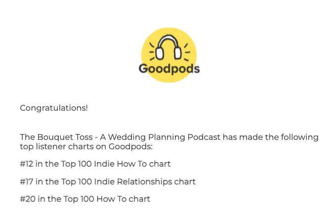 The Bouquet Toss is a top-ranked podcast on @Goodpodshq! 💐🎙 Have you subscribed yet?