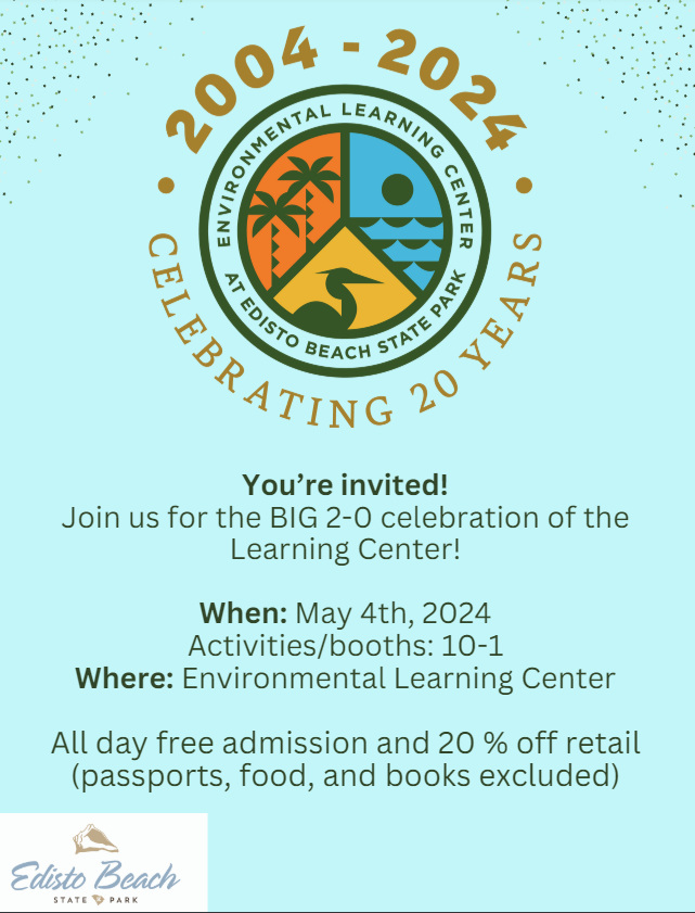 Can you believe the Environmental Learning Center at Edisto Beach State Park is 20 years old?!? 🎉🎈 Come celebrate with us this Saturday, May 4, from 10 a.m. to 1 p.m. Free admission! brnw.ch/21wJoEQ