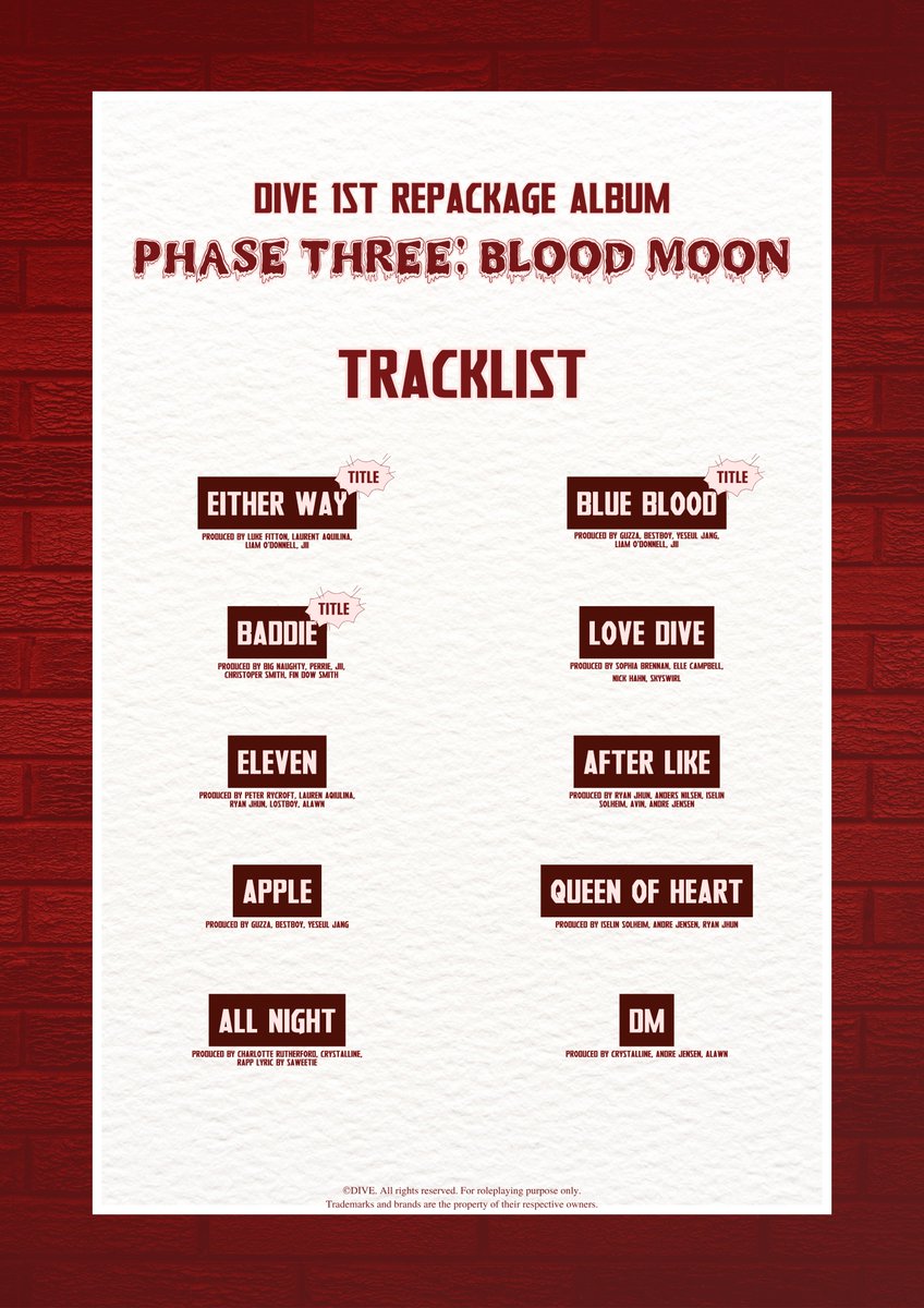 DAIBEU_twt's tweet photo. ㅤ
ㅤ
                DIVE 1st Repackage Album
            ☽  Phase Three: Blood Moon  ☾
ㅤ
                               𝗧𝗥𝗔𝗖𝗞𝗟𝗜𝗦𝗧
ㅤ
ㅤ https://t.co/v4gWxW3hES