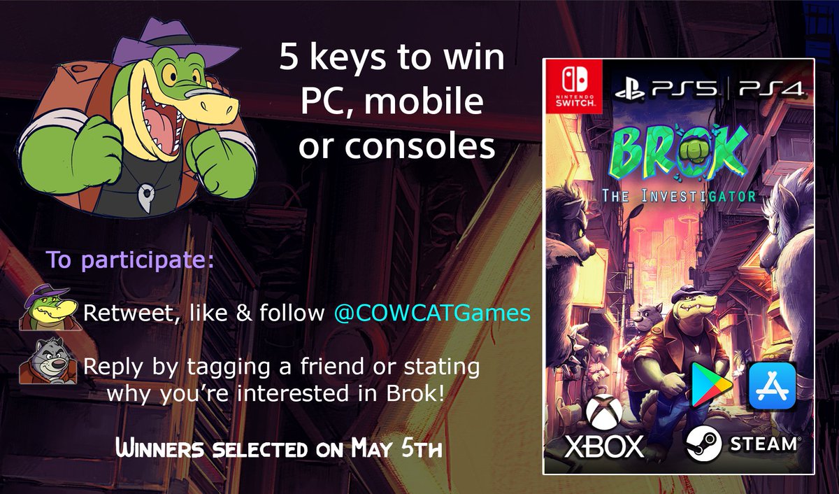 📣 GIVEAWAY 📣 Do I need a reason to offer my game? NO 👊 Win BROK the InvestiGator on 🐊Steam, GOG 🐊Nintendo Switch™ 🐊Xbox One, Series X|S 🐊PS4™, PS5™ 🐊Google PlayStore 🐊Apple Store Instructions ↘️
