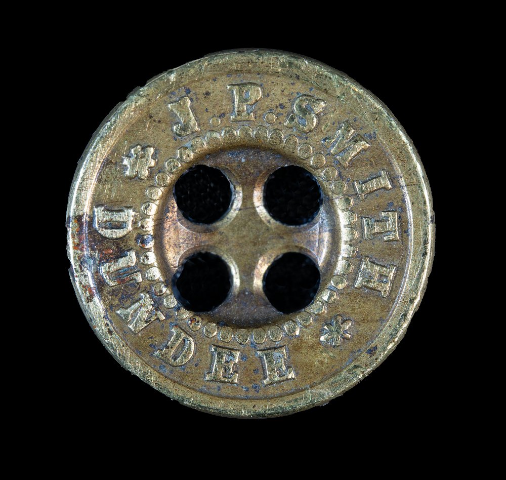 One of the smallest items in our exhibition #ThisJustIn is this button from Dundee tailor JP Smith. Based at 6 High Street from the mid-1850s, we believe Mr Smith traded until the early 20th century. Amazingly this tiny button fell down a chimney in a Windsor Street flat.