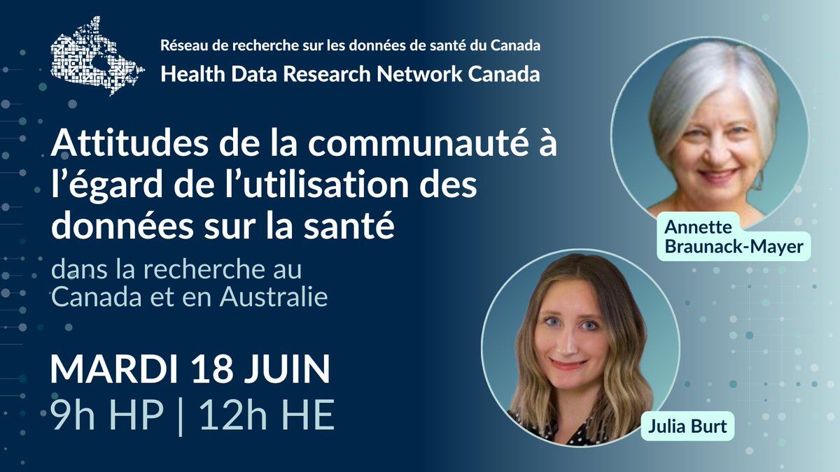 Découvrez les attitudes de la communauté sur l'utilisation des données de santé dans la recherche au Canada et en Australie lors de cet atelier avec @JuliaBurt18/#RRDSCanada & @BraunackMayer/ @PHRN_Australia 🗓️ 18 juin

S'inscrire ➡️ bit.ly/HDRNCanadaPHRN…