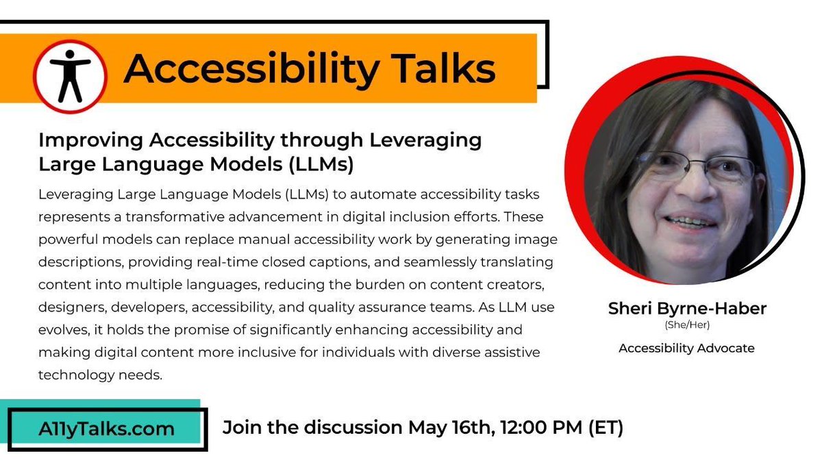 LLMs can convert complicated documents and interfaces into plain language and improve consistency between products. All of these reduce the burden on content creators, designers, developers, accessibility, and quality assurance teams.
May 16th @ 12pm ET
buff.ly/4dpNdRi