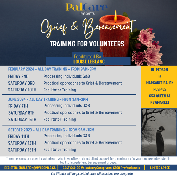 Grief and Bereavement Training for Volunteers. 
Next session held in person at Margaret Bahen.
May 31, 2024 09:00 AM – 3 PM  
June 1, 2024 09:00 AM – 3 PM  
June 8,2024 09:00 AM – 3 PM  

#mypalcare #education #palliativecare #PalCare #training #grief&bereavement