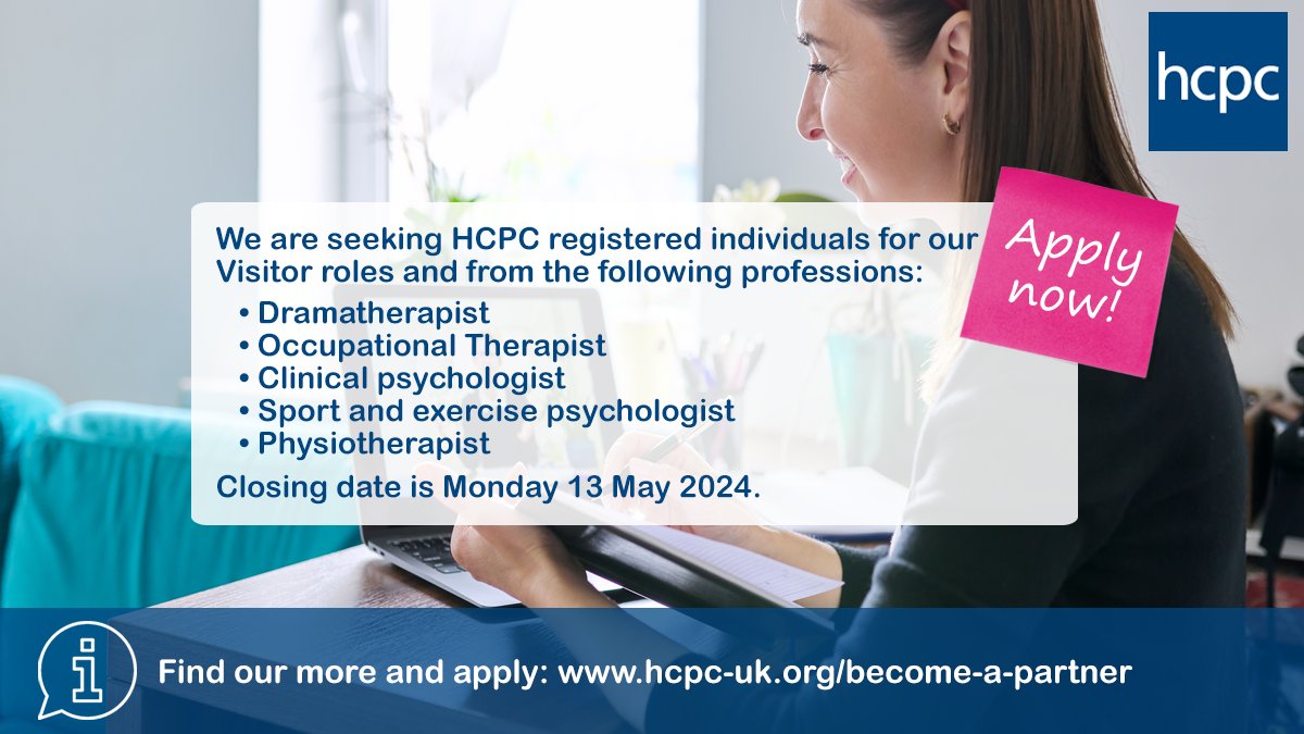 We are seeking #HCPCregistered professionals, from multiple professions, for our Visitor roles. Our partners make important and valuable contributions to HCPC decision-making processes. Closing date is Monday 13 May. Find out more and apply below 👇 ow.ly/GTMA50RqX4S