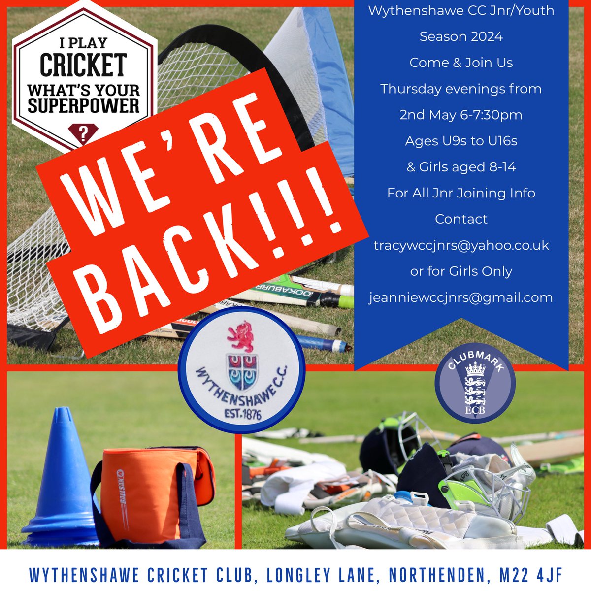 We’re BACK!! Tonight 6-7:30pm Wythenshawe Cricket Jnrs Training - now let’s get this season finally up & running!! 🏏 Enquiries on how to join please email the contacts on the flyer - see you all later! 🏏