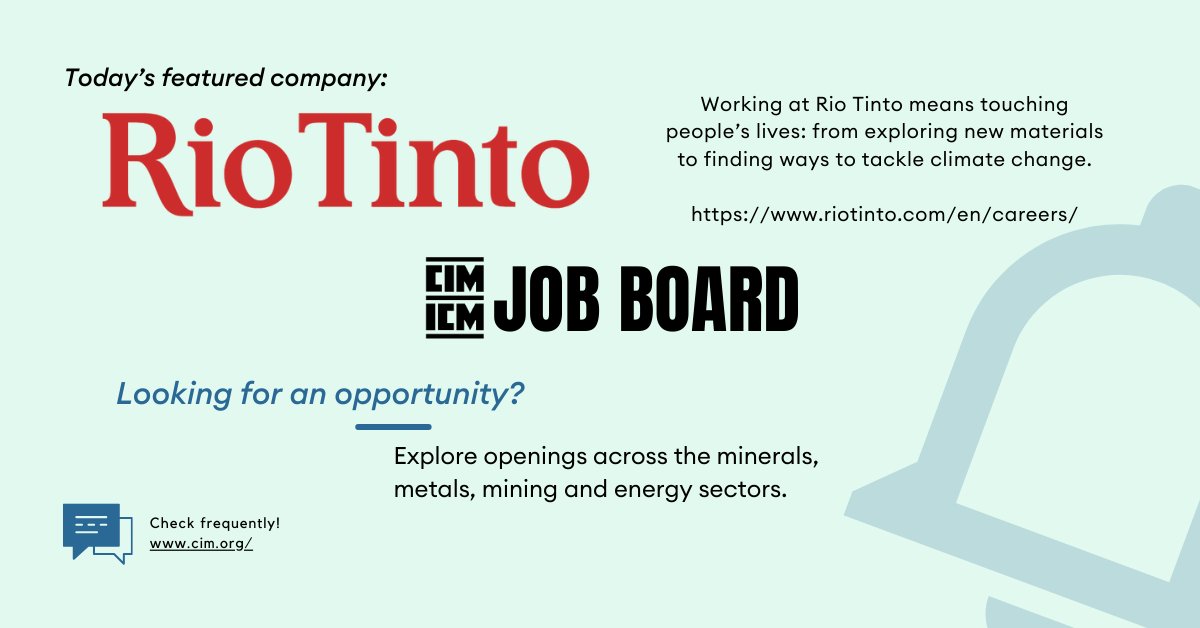 Today's featured company ✅

Rio Tinto: riotinto.com/en/careers/ava…

Explore more #careersinmining #stemjobs at cim.org/opportunities/…
