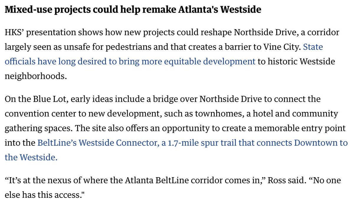 @cbenderatl “On the Blue Lot, early ideas include a bridge over Northside Drive to connect the conference center to the new development” and “to create a memorable entry point to the Westside Beltline Connector”