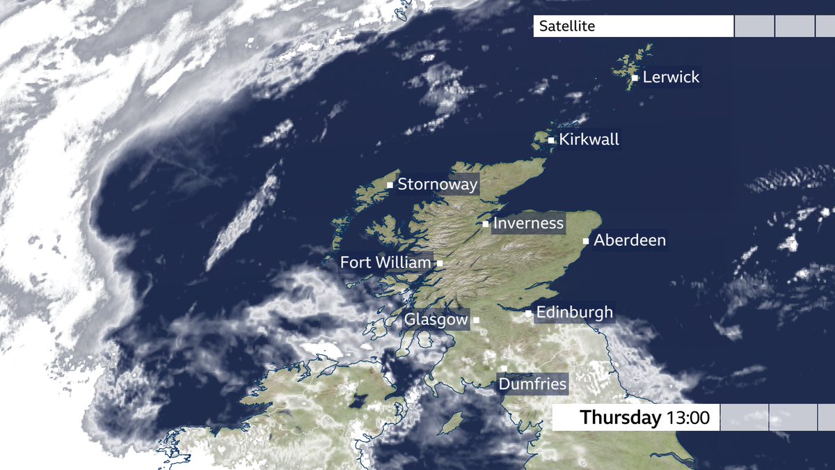 Dry this afternoon with plenty of sunshine. Some low cloud and mist will linger around south eastern coasts, with variable cloud generally across southern Scotland. Here's the earlier satellite picture.
