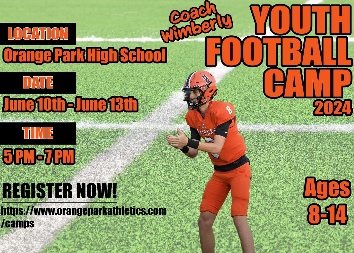 Level Up This Summer! Summer is fast approaching, which means 2024 Marcus Wimberly Youth Football Camp is almost here. This camp will give you the opportunity to sharpen your skills and gain confidence. 🔗orangeparkathletics.com/camps #Opportunity #TheRaiderWay