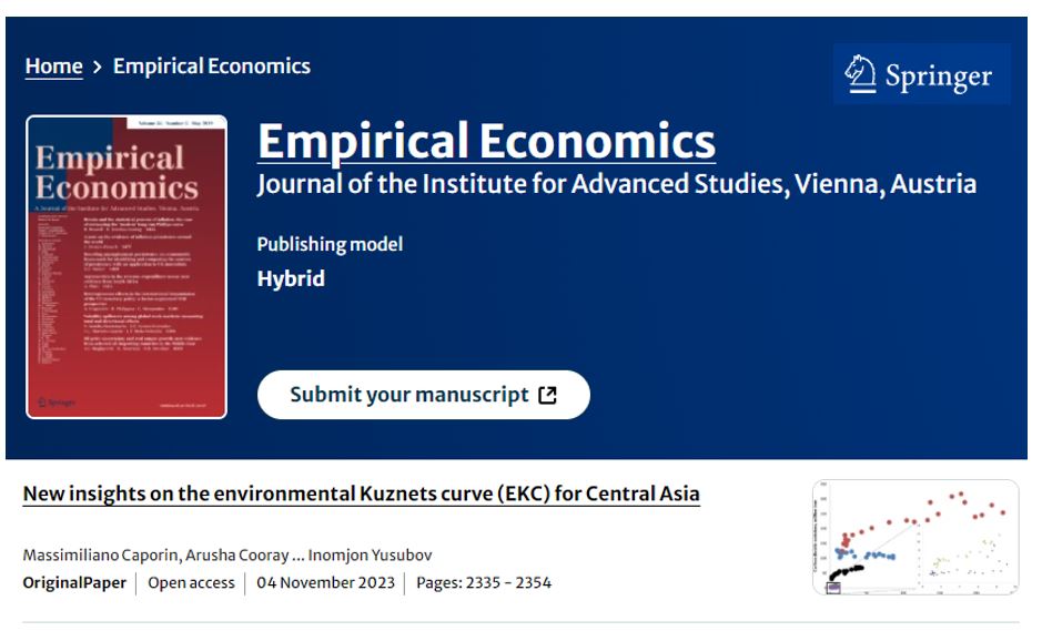 🔓 You have full access to this open access article from Empirical Economics: New insights on the environmental Kuznets curve (EKC) for Central Asia by Massimiliano Caporin, Arusha Cooray, Bekhzod Kuziboev & Inomjon Yusubov doi.org/10.1007/s00181…