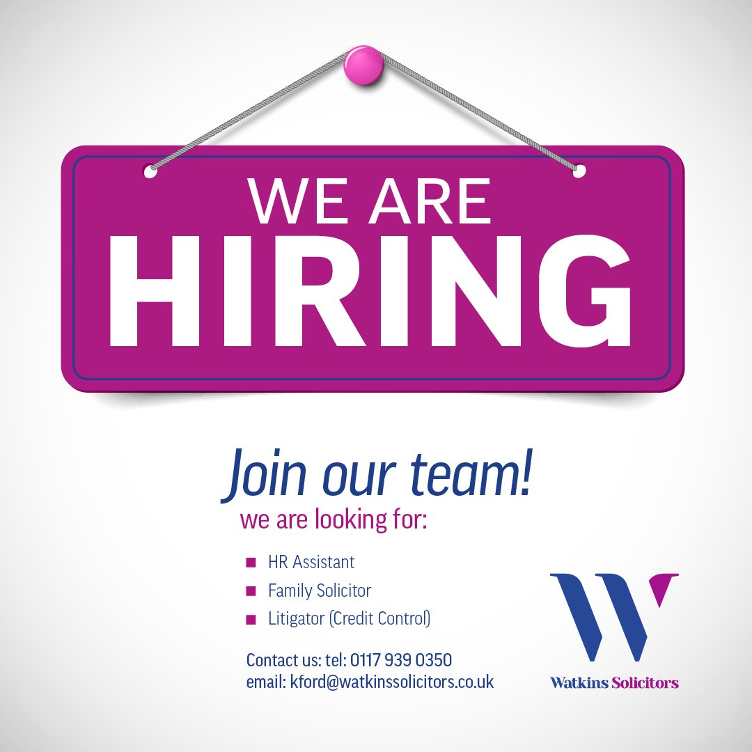 🌟 Join Our Team! 🌟 Watkins Solicitors is hiring an #HRAssistant! If you're passionate about #HR and looking for a part-time opportunity in the legal profession, this could be the perfect role for you. Apply now!
ℹ️ Learn more and apply: watkinssolicitors.co.uk/site/about/car… 
#LegalJob #Jobs