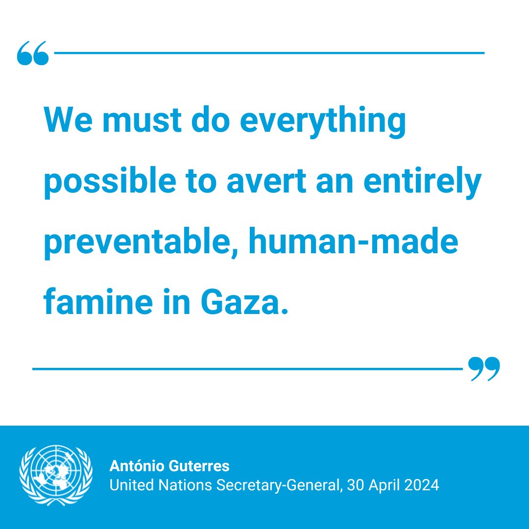 “We must do everything possible to avert an entirely preventable, human-made famine in Gaza.” @antonioguterres repeats call for safe, rapid & unimpeded access for humanitarian aid & humanitarians, including @UNRWA, throughout Gaza. un.org/sg/en/content/…